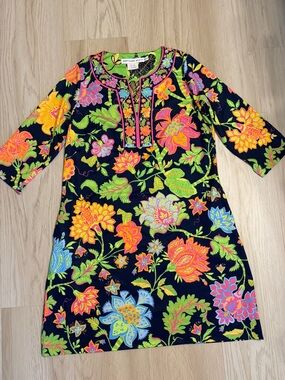 Gretchen Scott garden floral tunic dress with pockets neon v-neck XL